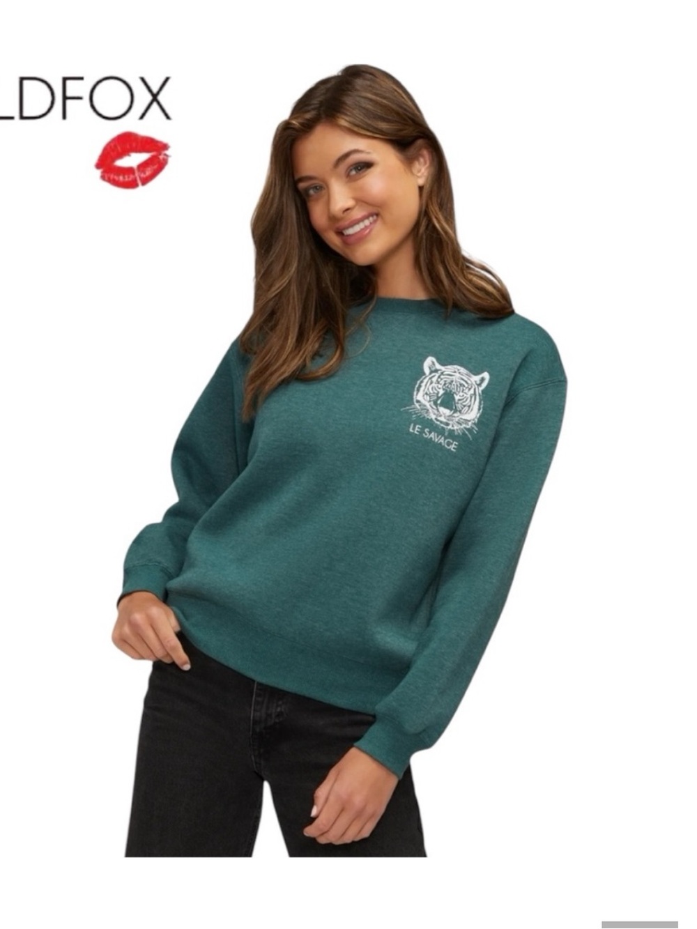 Wildfox Teal Crewneck Sweatshirt with Tiger Chest Graphic